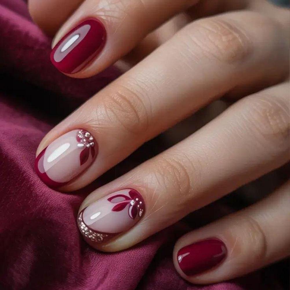 Винно-красные французские цветочные стразы Носимые короткие накладные ногти - Европейский и американский бестселлер