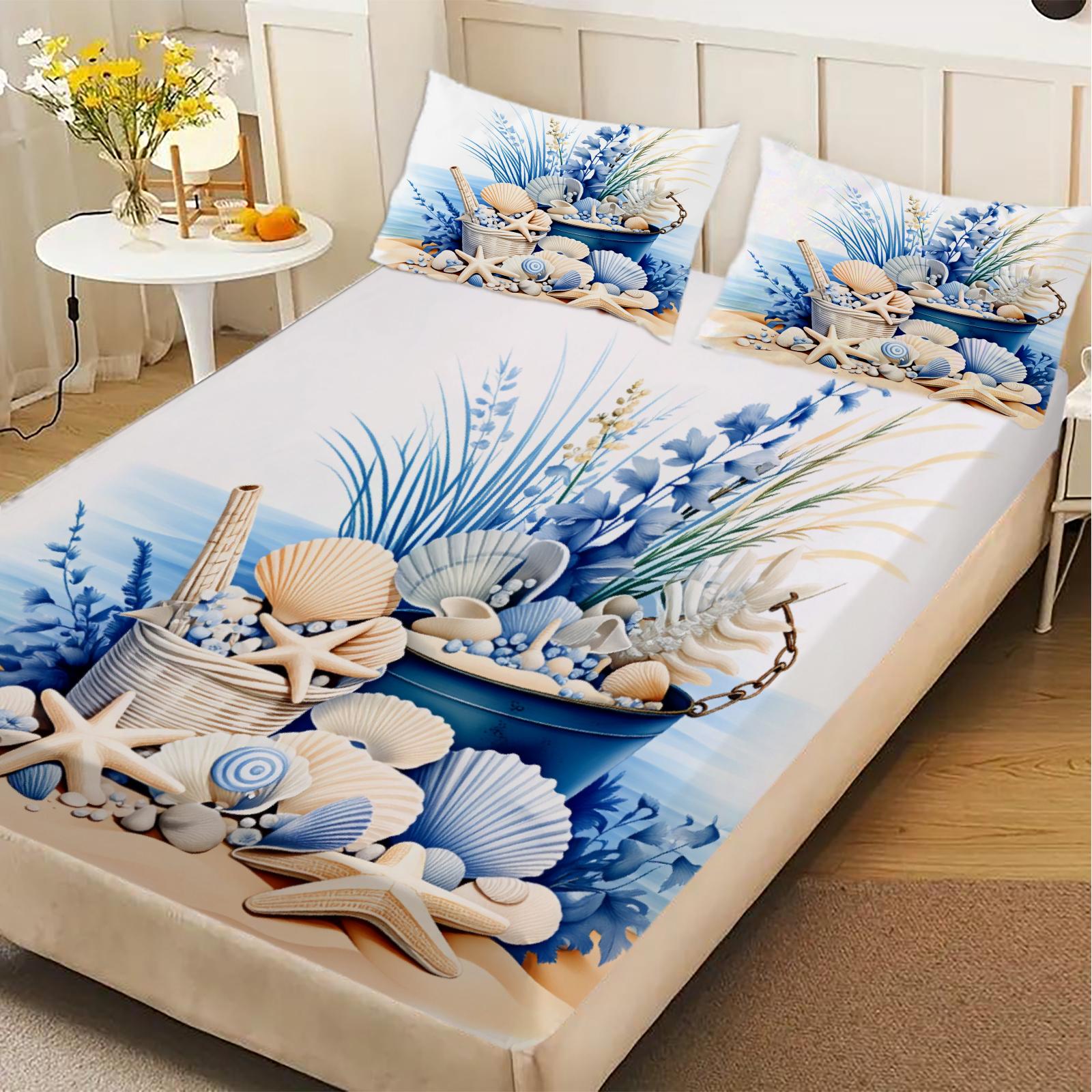 

Seaside Beach Theme Fitted Sheet Set Blue And White Shell Starfish Coral Pattern With Pillowcases For Bedroom Decor 99x190x25cm