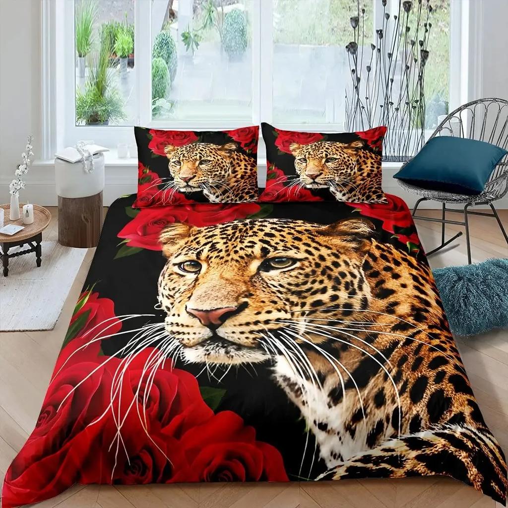 Set Copripiumino Leopardo King Copripiumino Ghepardo Feroce Copriletto Animale Selvatico Safari Decorazione Camera da Letto per Adolescenti Set Biancheria da Letto