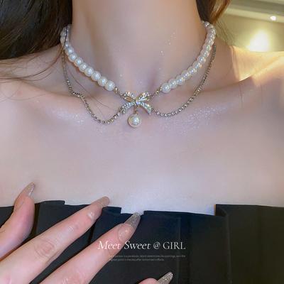 Belated Romance~ Flash Diamond Bow Pearl Necklace Female Design Sense Cold Wind Choker Neck Chain Collarbone Chain