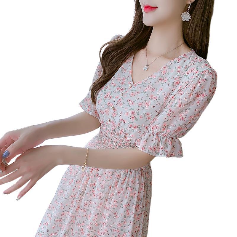 Short-sleeved Chiffon Dress Children's Korean Version Summer New Ins Super Fairy V-neck Mori Wind Floral Fairy Medium and Long Dress