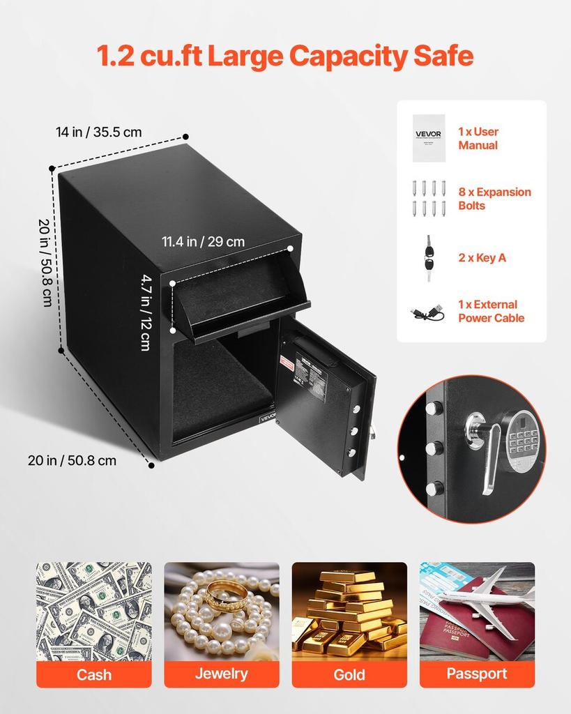 1.2 Cubic Feet Drop Safe, Large Capacity Front Drop Slot Safe Box with Digital Keypad, Heavy Duty 2 Tiers Cash Depository Box with Spare Keys for