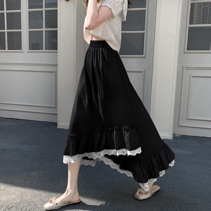 Elegant Lace Trim A-Line Skirt – Summer Women's Asymmetrical Flared Hem Maxi Swing Skirt with Draped Sweet Design