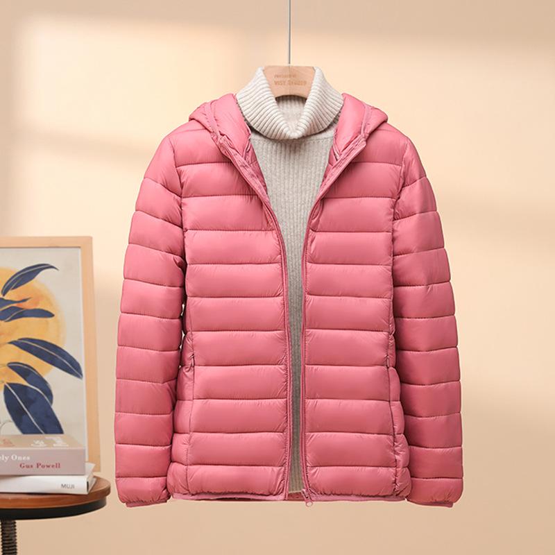 Korean Style Womens Lightweight Cotton Down Jacket Loose Fit Short Hooded Stand Collar Autumn Winter Coat