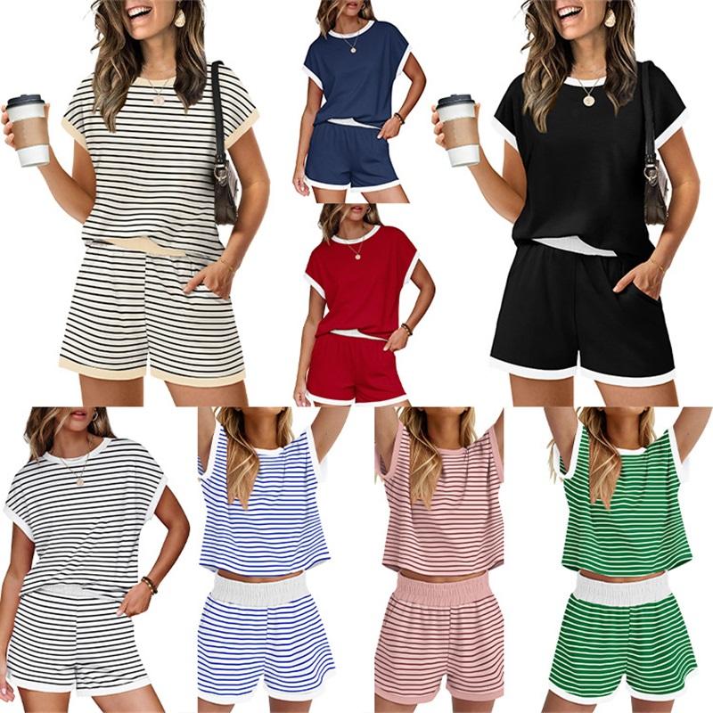 Women's Striped 2 Piece Outfit Casual Short Sleeve T-shirt & High Waist Shorts Set Summer Loungewear