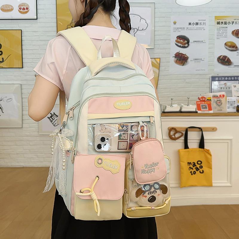 Japanese cute girl contrasting color backpack female Korean dopamine transparent color matching junior high school students large-capacity schoolbag