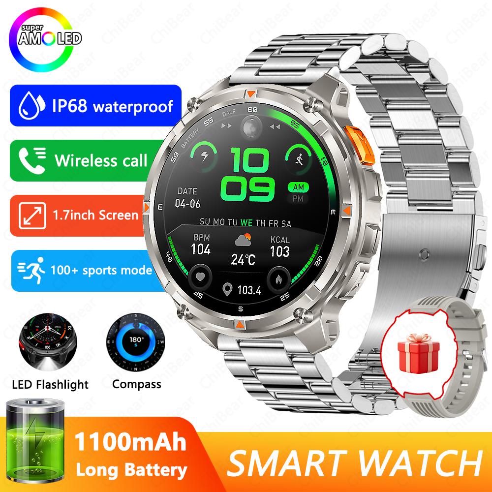 Militärische 1100mAh Super-Große Batterie Herren Kompass Smartwatch 1,7-Zoll AMOLED Bluetooth-Anruf IP68 Wasserdicht Sport Smartwatch