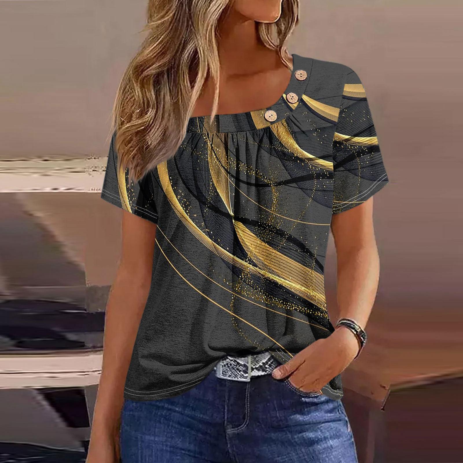 

Летние топы для женщин. Удобные женские топы с круглым вырезом и короткими рукавами. Футболки с принтом для женщин. M серый