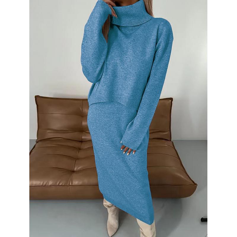 2024 Women's Solid Color Semi-High Neck Knitted Slim-Fit Long Dress Set