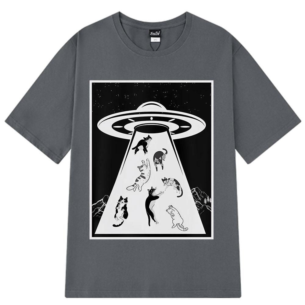 Funny UFO Cat Alien Abduction Cats  Novelty Graphic Tees Men Women Vintage T-shirt Short-sleeved Cotton Fashion Casual T-shirts