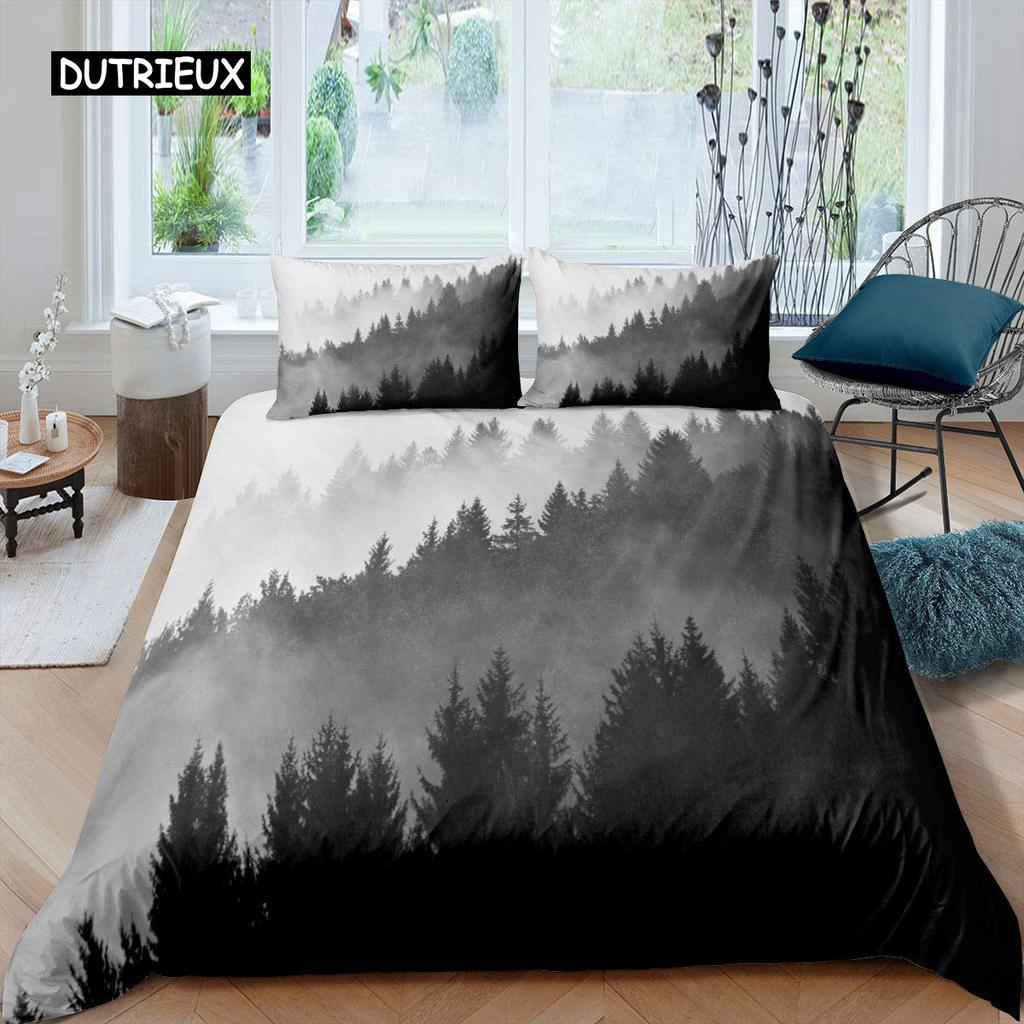 Smoky Mountain Duvet Cover Set Pine Trees Comforter Cover Boys Landscape Quilt Cover Natural Scenery Art Polyester Bedding Set