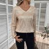 Women Tops V-Neck Lantern Long Sleeve Pullover Tops Loose Fit Solid Color Shiny Sequins Party Blouse Streetwear
