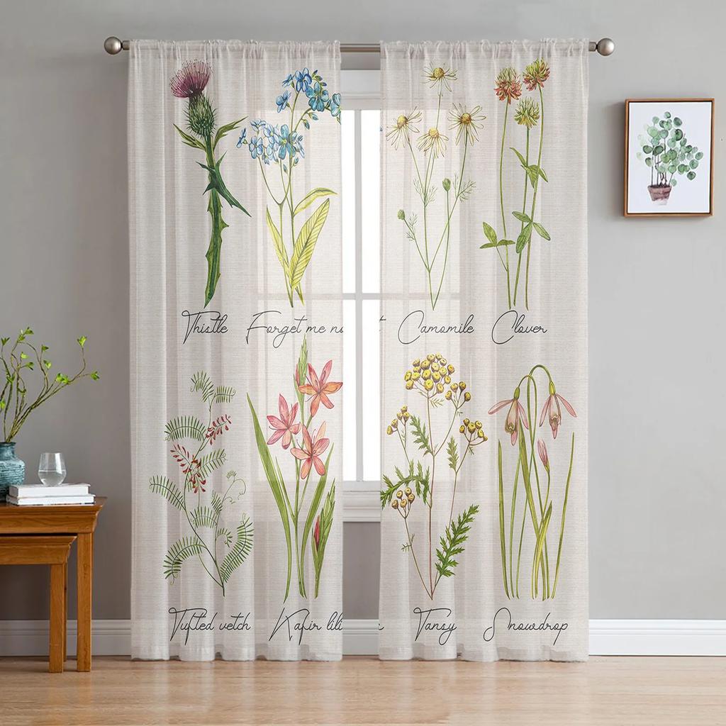 Vintage Herbaceous Floral Butterfly Flower Tulle Curtains Living Room Kitchen Window Decoration Chiffon Voile Sheer Curtain