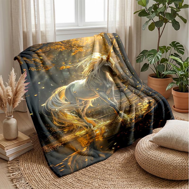 Golden Unicorn in Sunlit Forest Theme blanket Lightweight Warm Flannel Blanket Decorative Throw Blanket for Home Decoration