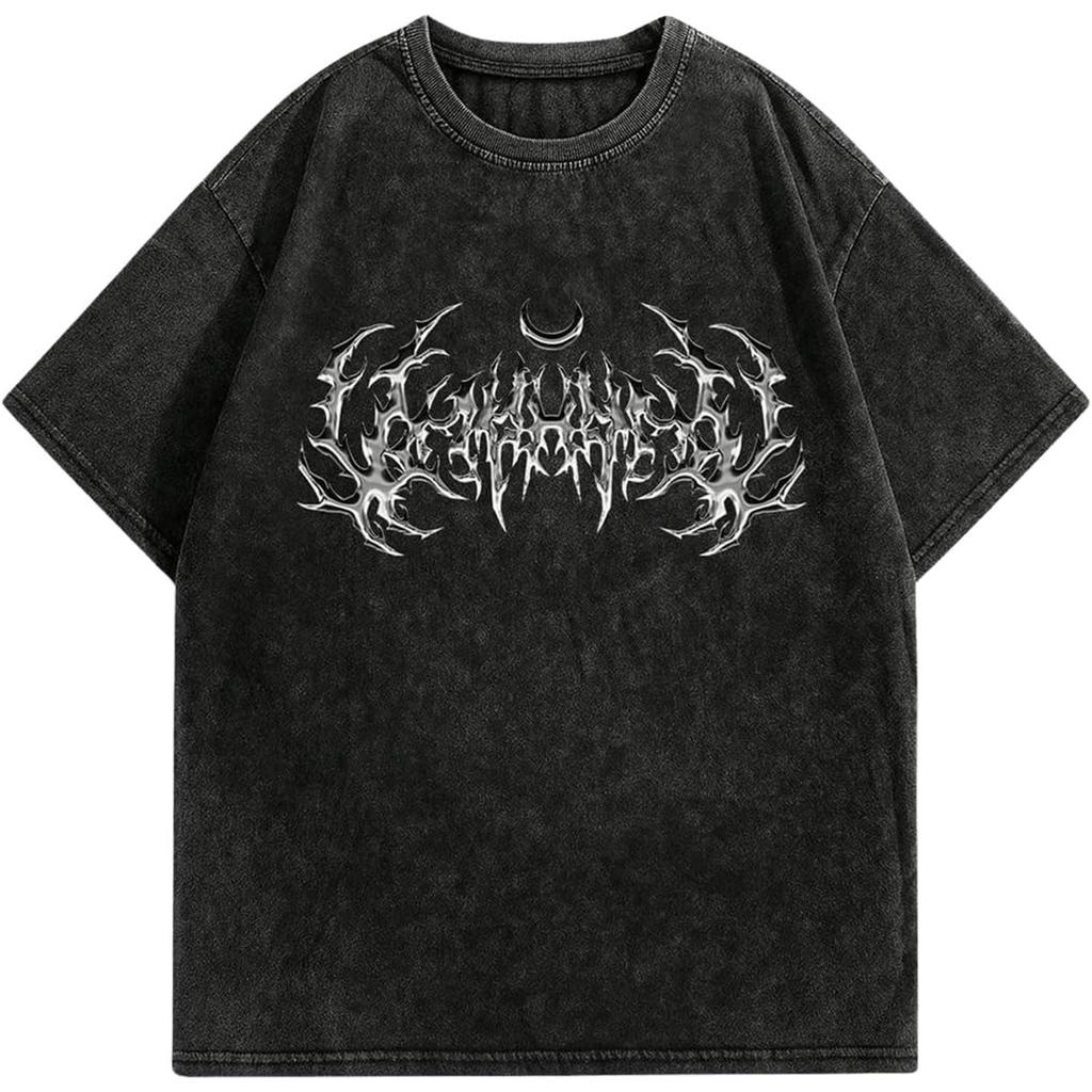 Washed Gothic Metal Letter Print 100% Cotton Oversized Short Sleeve T-shirt