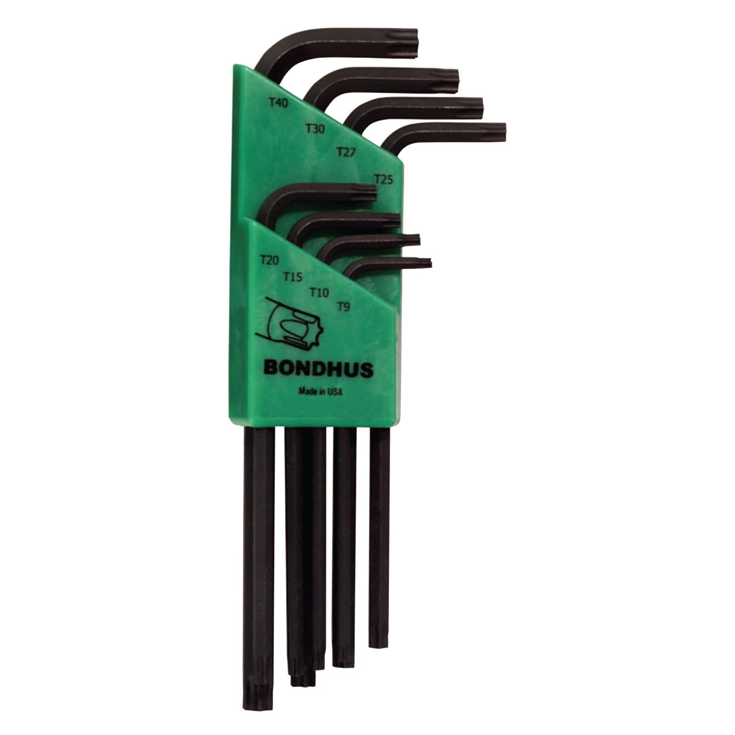 

Made in USA BONDHUS Black Oxide Set 32434 Torx® L-Wrench Tamper-Proof Set, Finish, 8-Piece (TR9, TR10, TR15, TR20, TR25, TR27, TR30, TR40) TR-TL8 No.