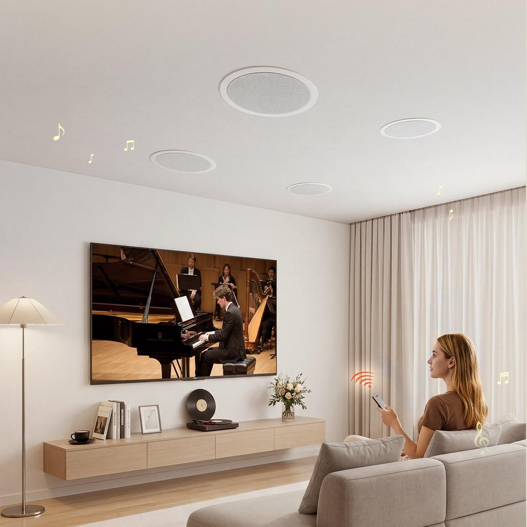 Bluetooth Ceiling Speakers, 165.1 mm, In Ceiling & In-Wall Speaker System with Amplifier, 2-Way, for Damp Humid Placement, Home Theater, Covered