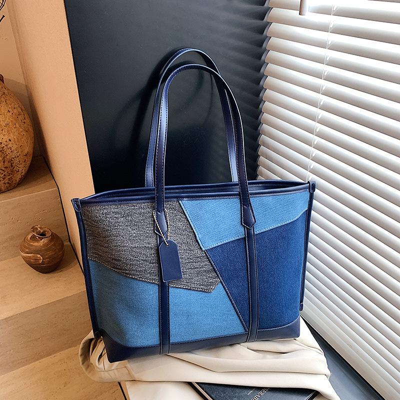 Large Capacity Bag Women's New Casual Denim Fashion Contrasting Color Splicing Shoulder Bag Tote Bag