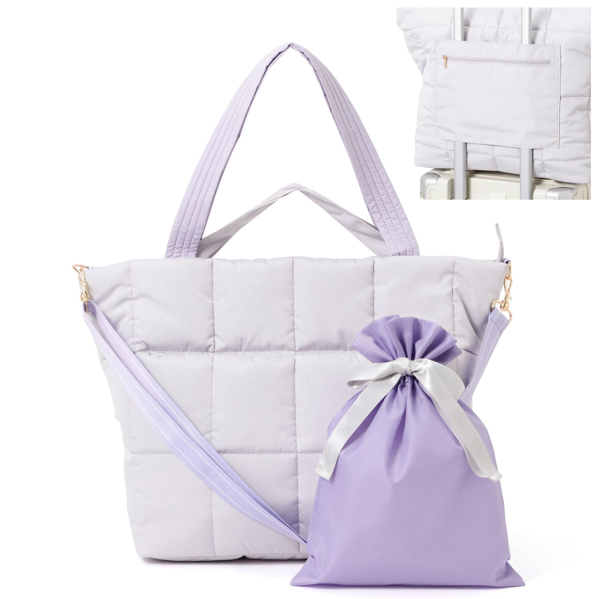 

Francfranc Pop Stitch Quilt Travel Bag, Light Gray, Water-Repellent, Expandable, Lightweight, with Water Bottle Holder, Shoulder Strap, and Drawstring