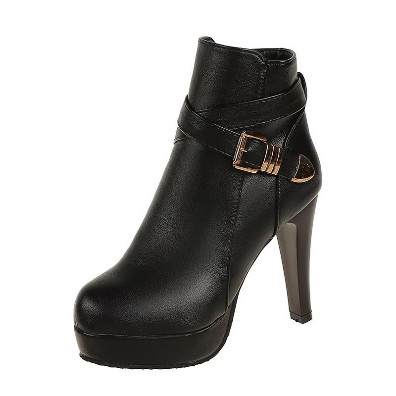 Fashion Spring Autumn New European American Women Pumps Fashion Belt Buckle Sexy Leather Boots Side Zipper High Heels Shoe Zapatos Mujer