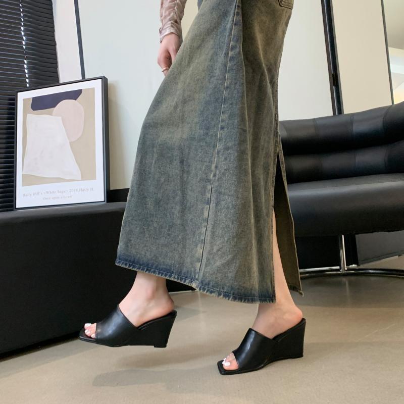 Women's Slippers 2025Summer New Leather Slippers Wedges Slippers for Women Open Toed High-heeled Slipper Sandalias Mujer