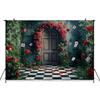 Mocsicka Spring Backdrop Easter Red Rose Flower Green Wall Card Door Black White Grid Floor Wedding Decorations Party Ba396