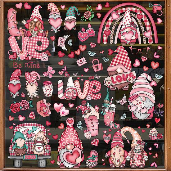 71Pcs/Set Valentine's Day Window Cling Waterproof PVC Cartoon Gnome Love Heart
