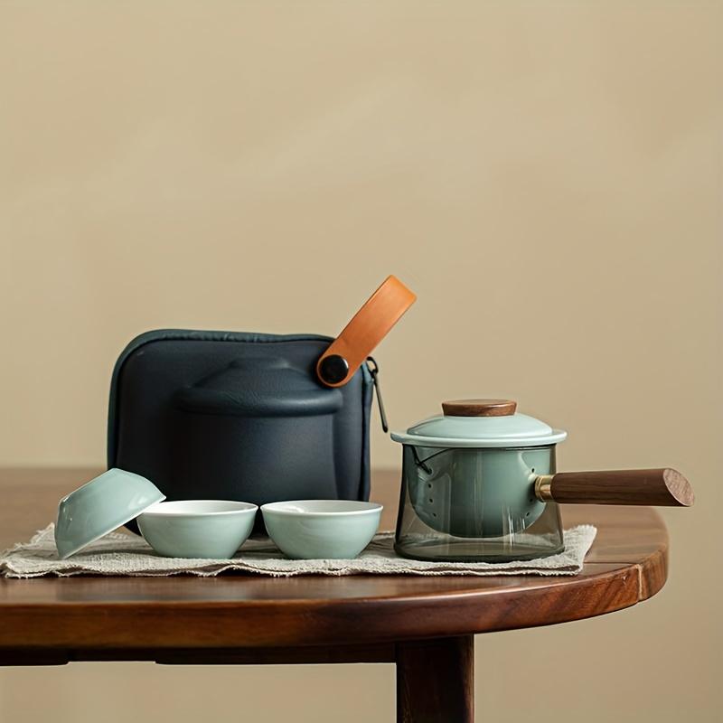 1 sada jednoduchá keramická čajová sada Venkovní cestovní přenosná čajová sada s úložným sáčkem Čínské čajové nádobí Gongfu Spařovač proti opaření 1 čajová konvice a 3 šálky čaje