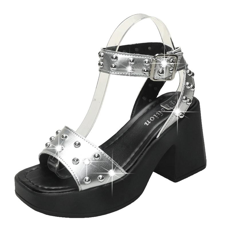

Fashion Women s Sandals 2025 Summer Fashion Rivet High Heels Casual Short and Chunky Platform Sandals High Quality Luxury Women s Shoes 41
