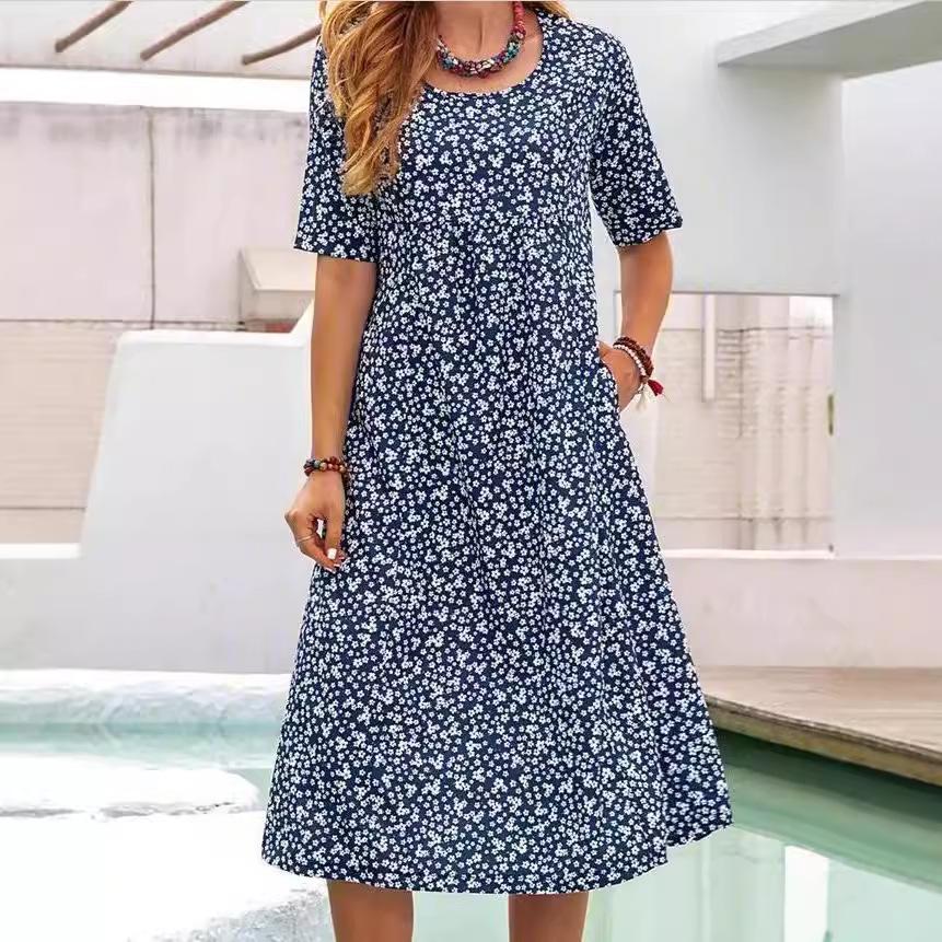 GMXIA Spring Summer Printed Floral O-Neck Neck Pocket Short Sleeve Casual Midi Shirt Dress