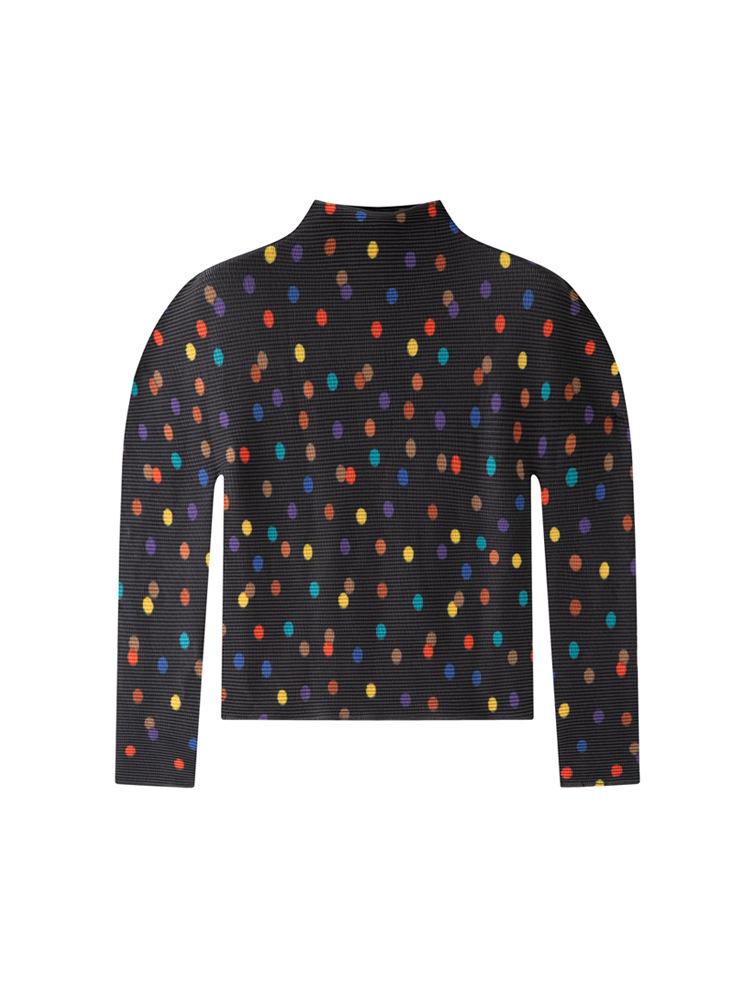 Miyake Dam 2026 Vår Tryckt Veckad Långärmad Hög Krage Smal T-shirt