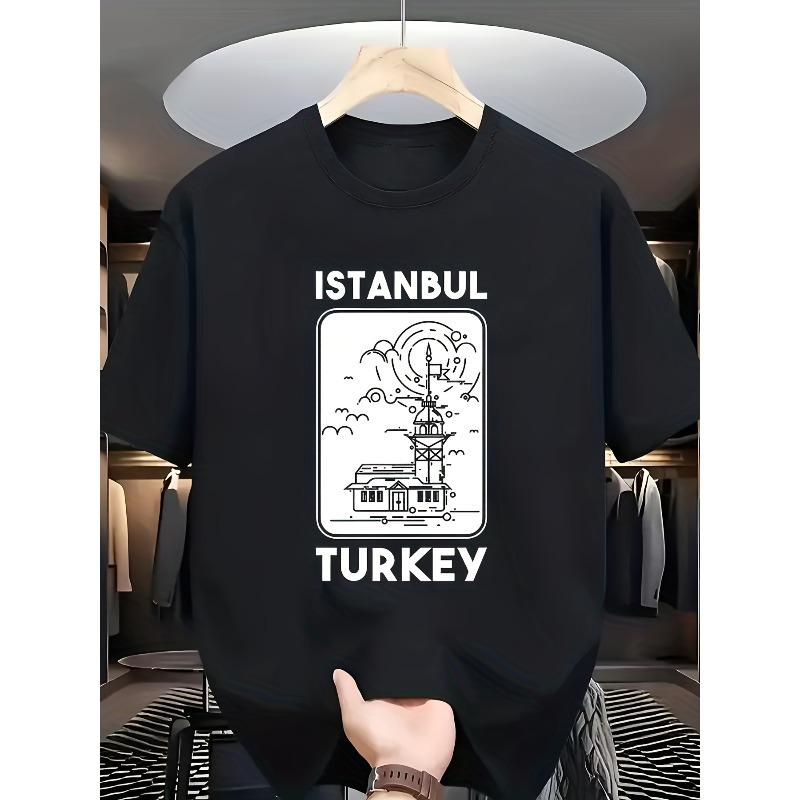 Short-Sleeve T-Shirt Featuring The Text "ISTANBUL TURKEY" on The Front, Complemented by a White Line Drawing of Istanbul'S Landmark Buildings