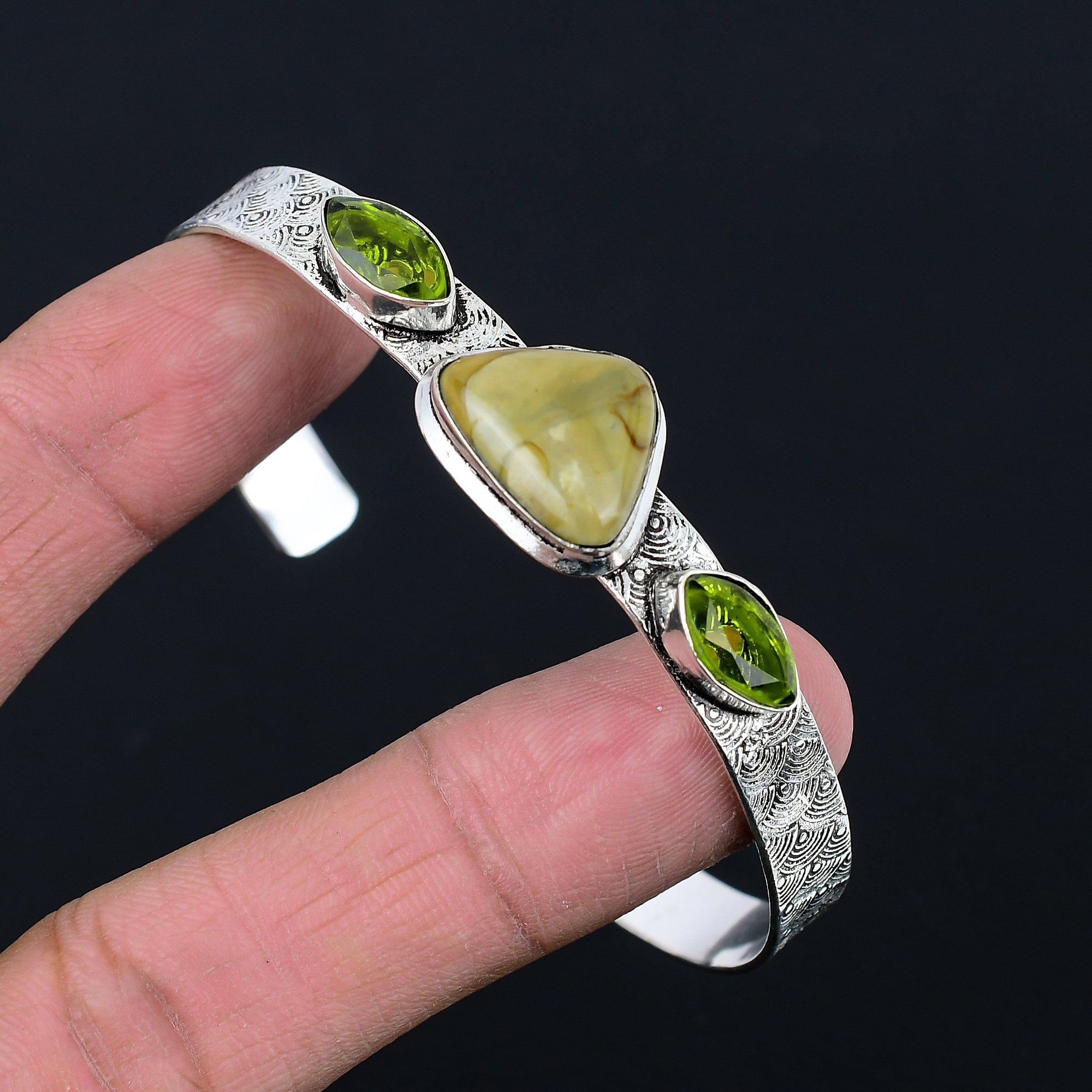 

Friendship Day Deal 925 Silver Polychrome Jasper Gemstone Peridot Bangle Jewelry Adjustable