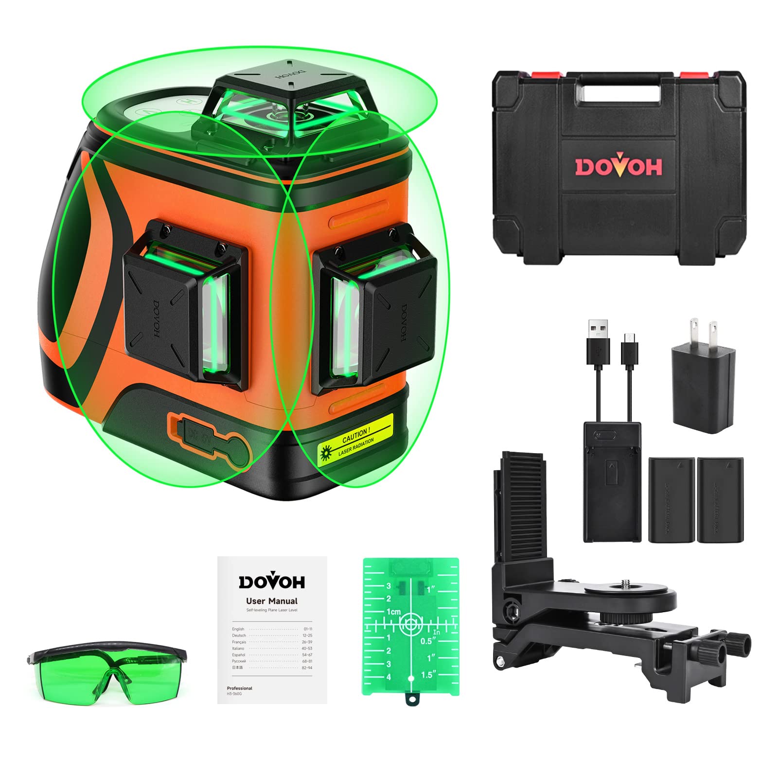 

DOVOH Green Laser High 12 Receiver 3D Professional for Construction H3-360G Level, Brightness, 110mW, Lines, 360° Self-Leveling, Compatible, помаранчевий