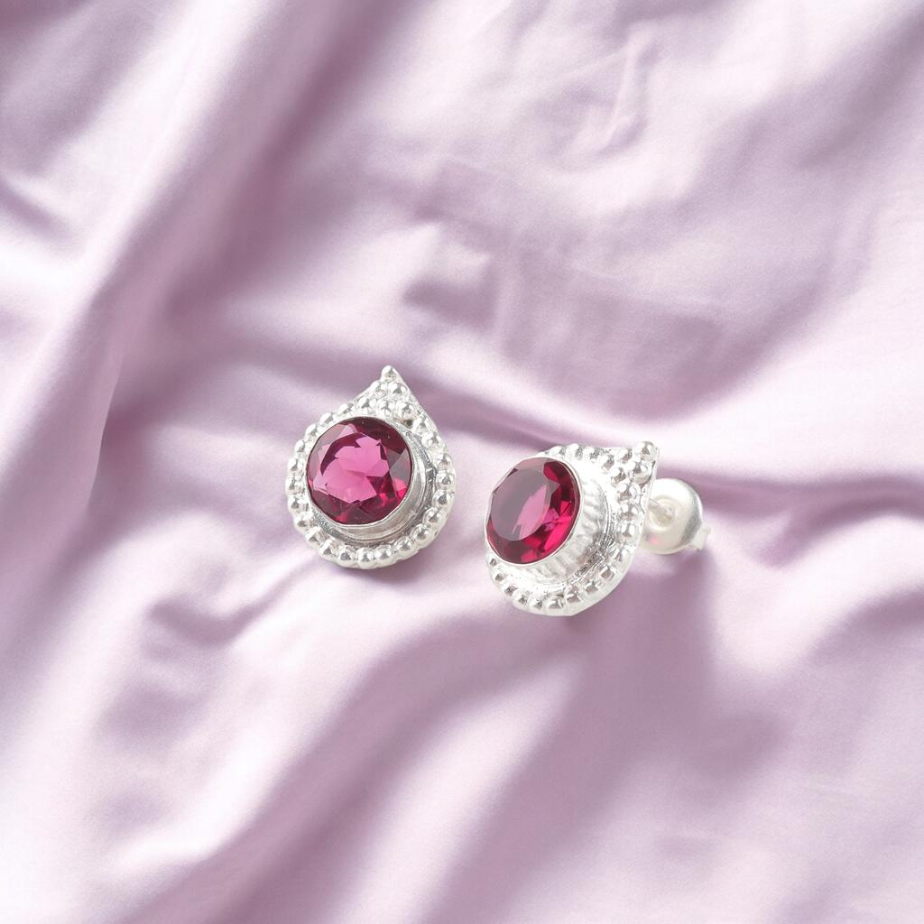 Pink Rubellite Gemstone 925 Sterling Silver Jewelry Handmade Stud Earrings 0.62" EE-125-3