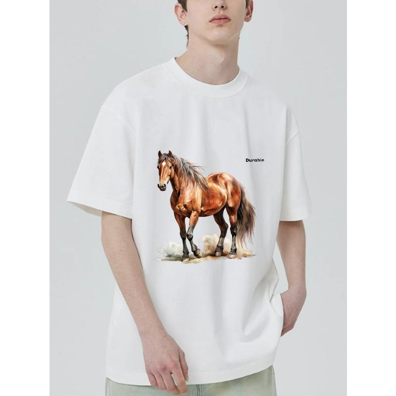 Men's Oversized T-Shirt Black Horse Print and Text Casual Wear