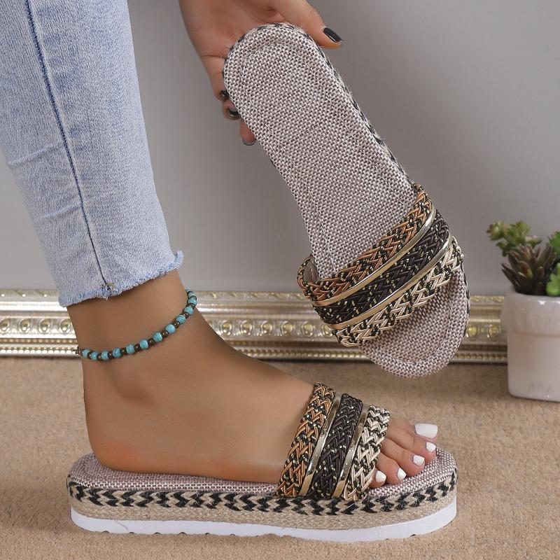 Large size woven thick-soled slippers women wear metal strip decorative slippers