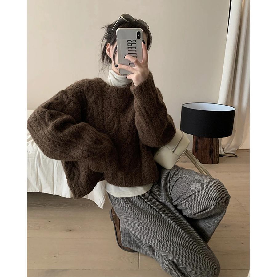 Chunky Knit Chunky Yarn Twisted Sweater Women's Outerwear Autumn Winter New Style Retro Lazy Style Loose Crew Neck Knit Top