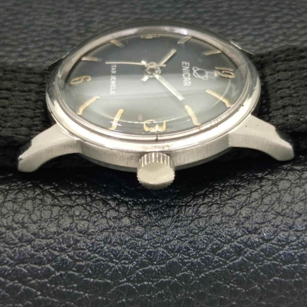 VINTAGE ENICAR STAR JEWELS RUČNĚ NATAHOVACÍ ŠVÝCARSKÉ PÁNSKÉ HODINKY S ČERNÝM CIFERNÍKEM a436437-2 R129-a436437