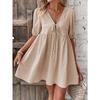 Women Elegant Loose Deep V Neck Lace Up A Line Woven Midi Dress
