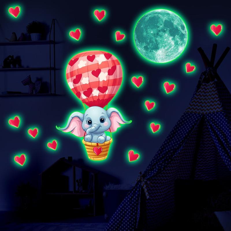 Glow in The Dark Wall Stickers Hot Air Balloon Elephant Princess Heart DIY Wall Art for Kids Room Background Decor