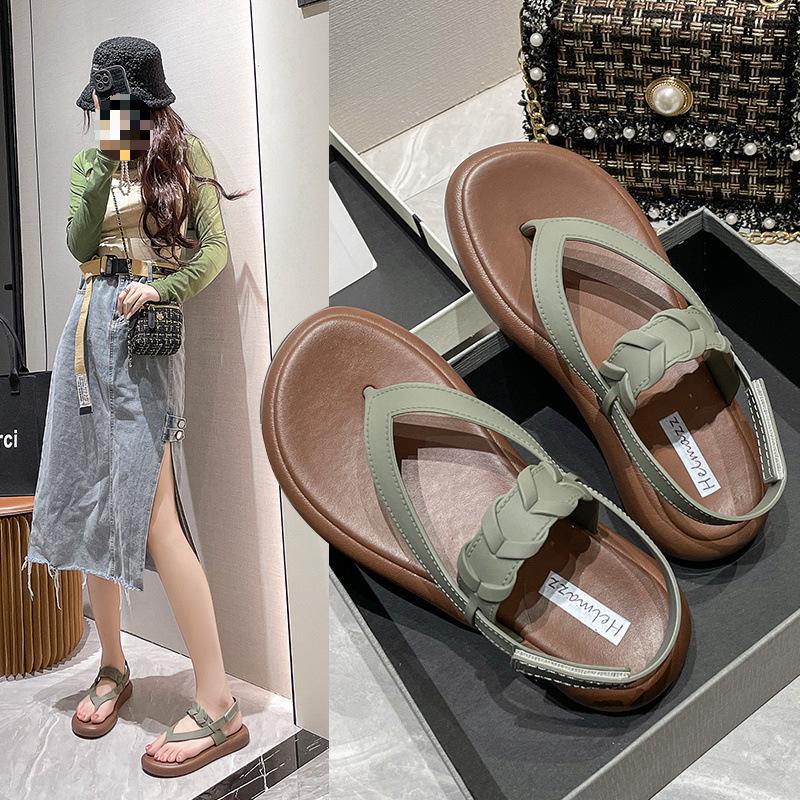 Sandale de vară pentru femei, nou model cu toc plat, talpă moale, stil vânt parfumat, vară, pentru ieșit, culoare uni, pantofi romani, papuci de plajă