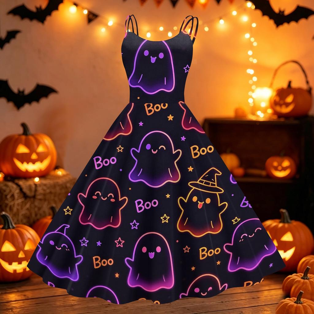 Womens Halloween Print Off Shoulder Punk Vintage Dress Sleeveless Spaghetti Strap Retro Style Midi Dress