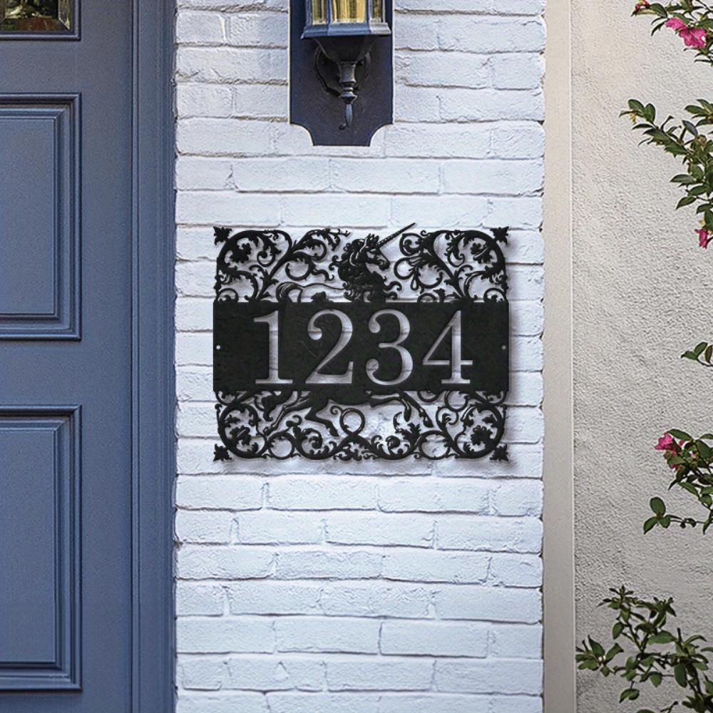 Unique Metal Address Plaque Customized House Number Name Unicorn Vines Leaves Wrought Iron Decor