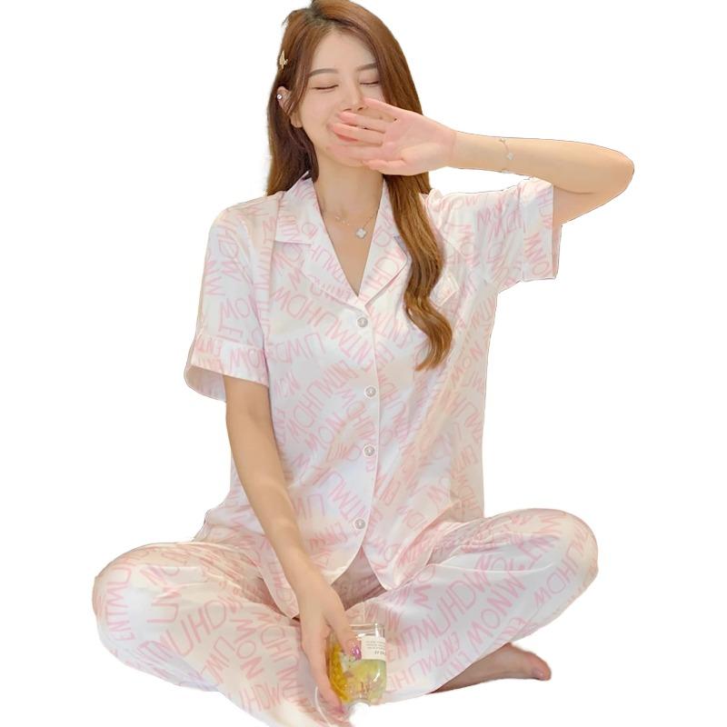 Damen Schlafanzugsets Ruhe Sommer Herbst Pyjama Set Umlegekragen Kunstseide Satin Kurzarm Buchstaben Weiblich Pijama Homewear