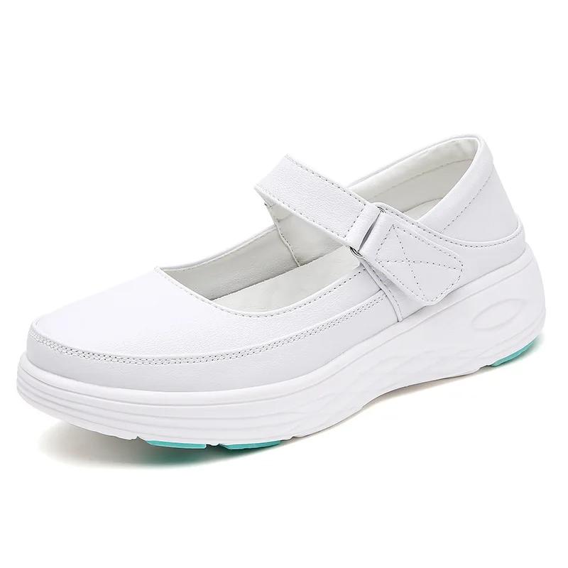 Fashion Leather Air Cushion Nurse Shoes Soft-Soled Women White Medical Shoes Breathable One-Step Flat Non-Slip Walking Sneaker