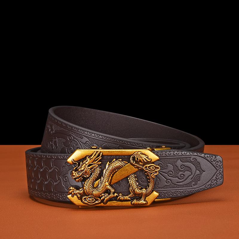 Men's Business Casual Cowhide Leather Belt with Vintage Copper Dragon Automatic Buckle