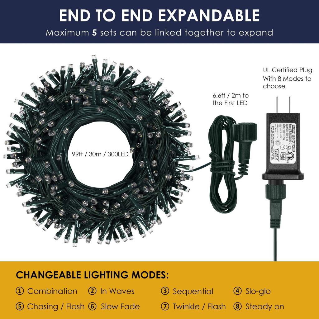 XUNXMAS Bright Christmas Lights Outdoor 300 LED String Lights