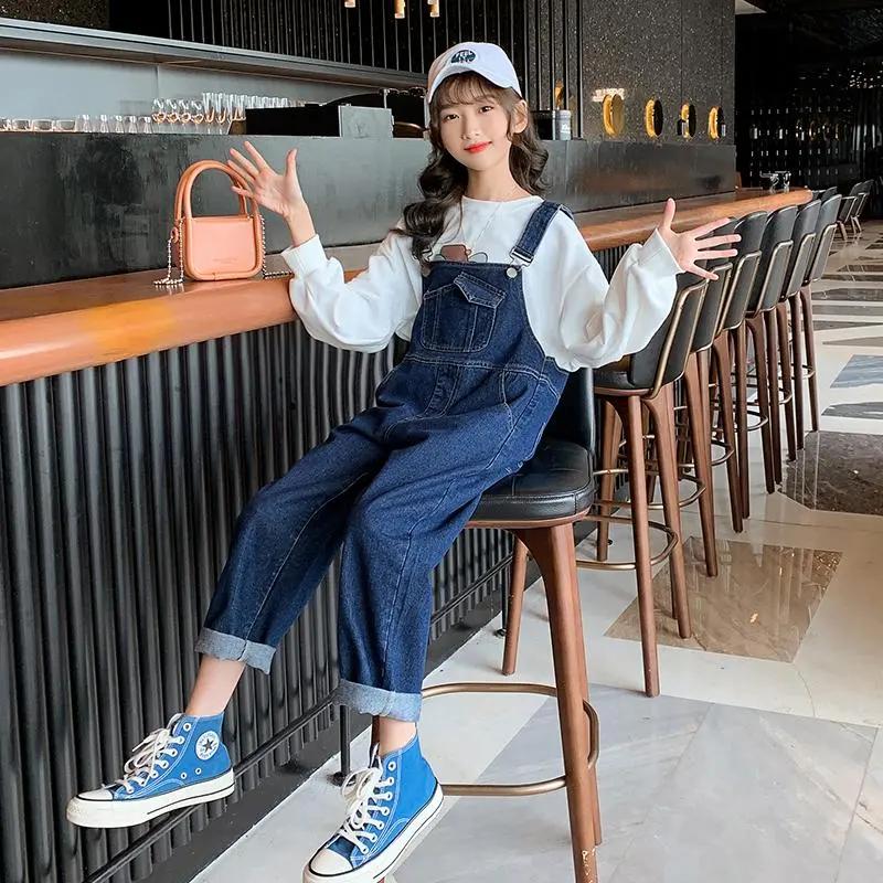 Salopette di jeans da bambina, Primavera e Autunno, Autunno per bambini, Pantaloni alla moda in stile occidentale, Pantaloni casual per bambini grandi
