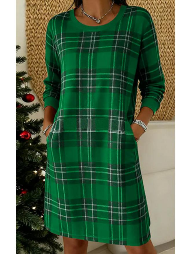 

Elegant 2025 Christmas Plaid Round Neck Long Sleeve Dress - Retro Style, Hot-Selling in Europe and America L зелений